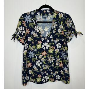 ModCloth Ideal Discovery Floral Tie Short Sleeve V-Neck Blouse Blue, Size Medium